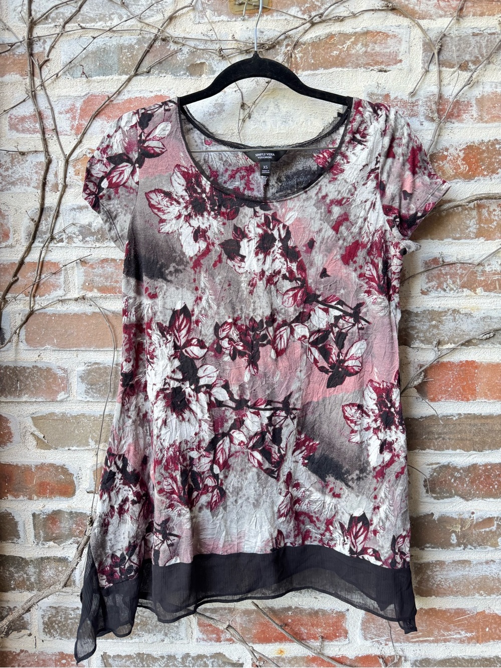 Simply Vera Vera Wang Gothic Floral Sheer Trim Tunic Blouse Top XS